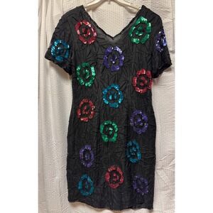 Vtg 90s Black Floral Silk Beaded Sequin Cocktail Party Dress Size 12 V Neck Blue
